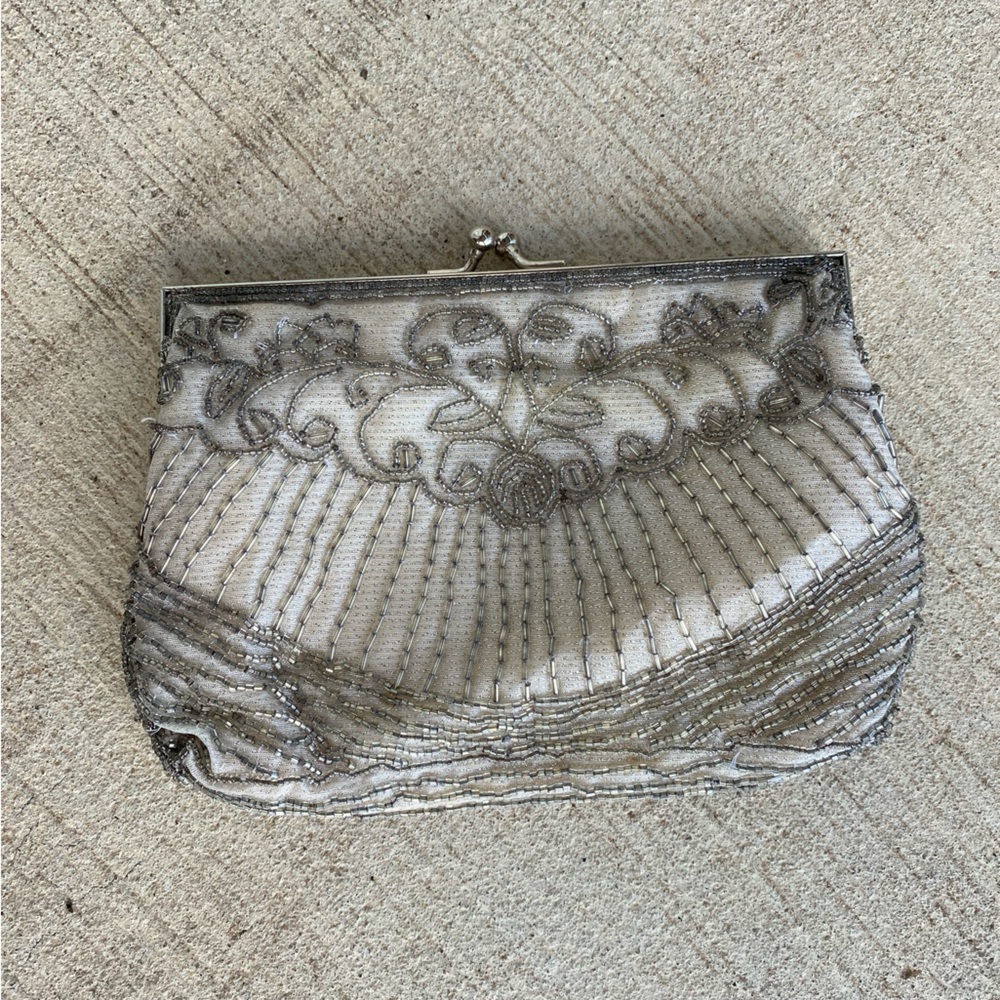 Vintage Tiny Black Beaded Silver Clasp Embroidered Lady Bug Wallet Pouch